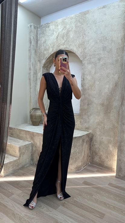 Black Evening Dress with Waist Detail and Polka Dot Embellishments