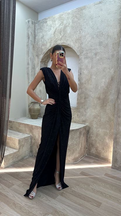 Black Evening Dress with Waist Detail and Polka Dot Embellishments