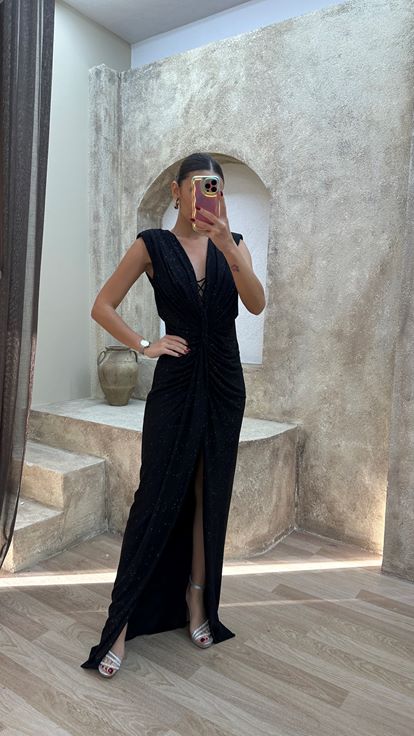 Black Evening Dress with Waist Detail and Polka Dot Embellishments