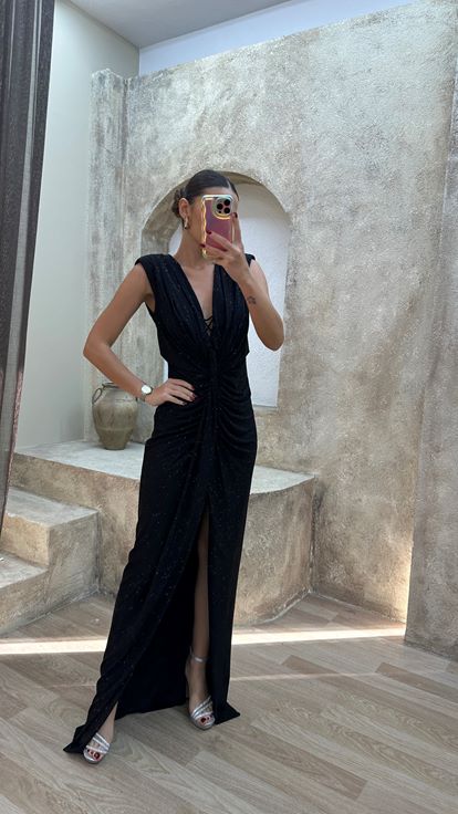 Black Evening Dress with Waist Detail and Polka Dot Embellishments