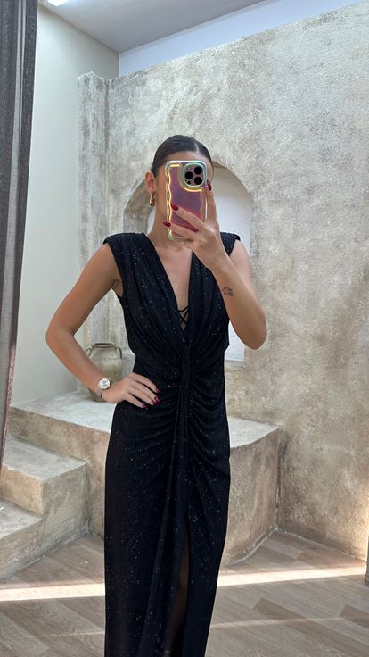 Black Evening Dress with Waist Detail and Polka Dot Embellishments