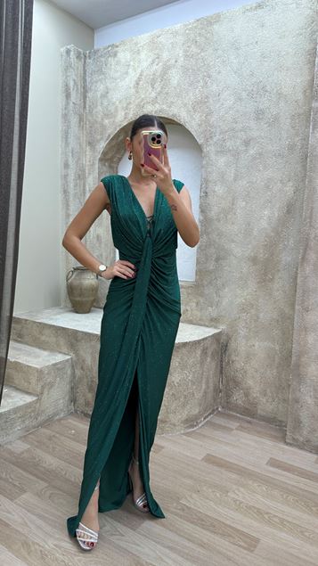 Emerald Green Waist Detail Polka Dot Embroidered Design Evening Dress