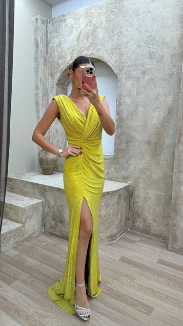 Yellow V-Neck Back Detail Polka Dot Embroidered Design Evening Dress