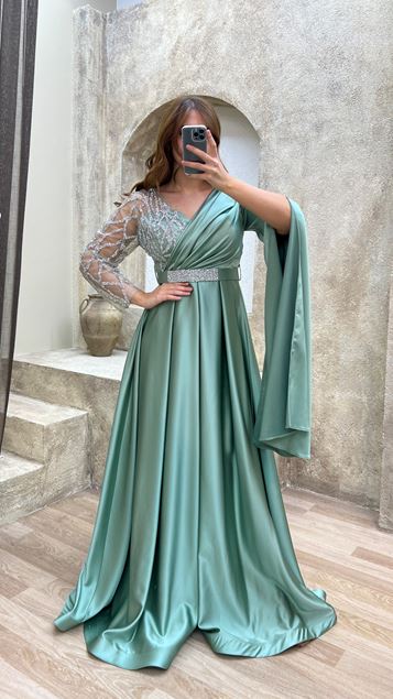 Khaki Back Detail Embroidered Design Satin Plus Size Evening Dress