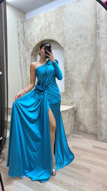 Turquoise Single Sleeve Waist Detail Design Satin Evening Dress
