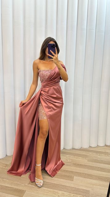 Powder Powder One Sleeve Chest Embroidered Evening Dress