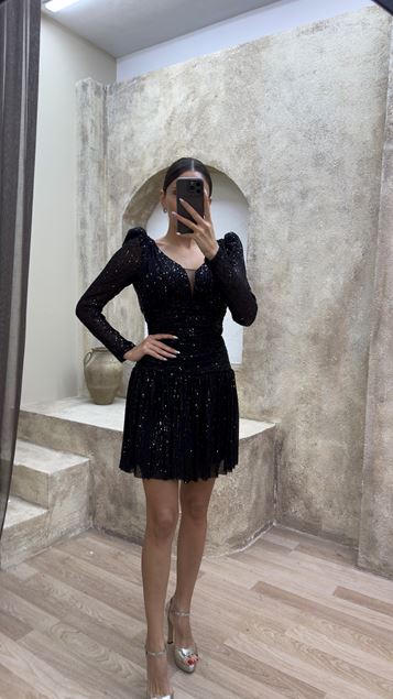 Black Shoulder Padded Design Sequin Dress