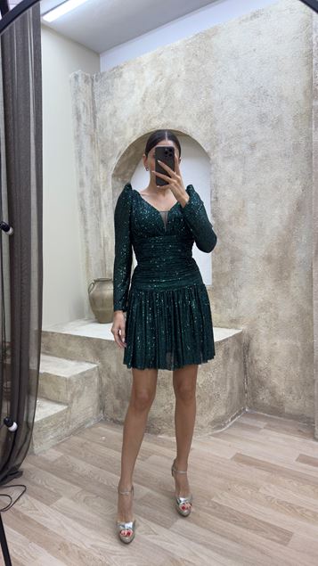 Emerald Green Shoulder Padded Design Sequin Dress