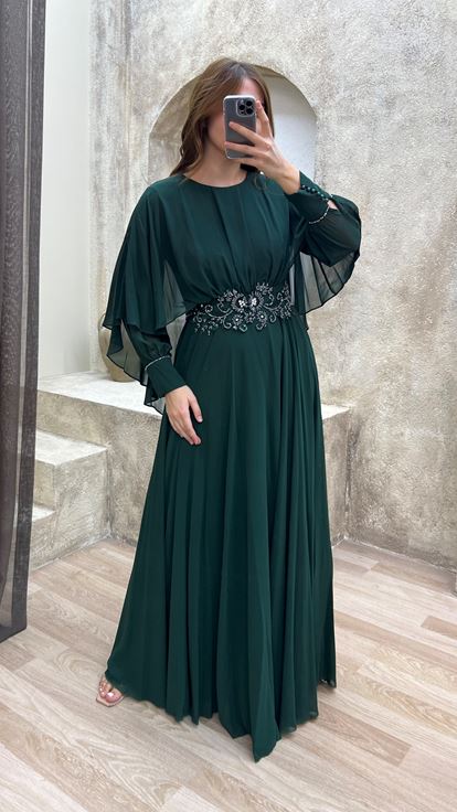 Emerald Green Embroidered Waist Design Tulle Plus Size Evening Dress