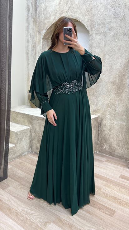 Emerald Green Embroidered Waist Design Tulle Plus Size Evening Dress