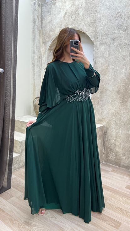 Emerald Green Embroidered Waist Design Tulle Plus Size Evening Dress