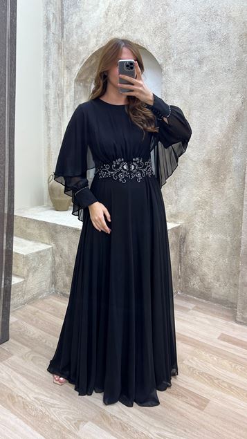 Vestido de noche de tul de talla grande bordado con diseño bordado en la cintura negra