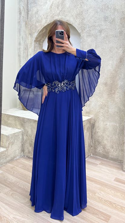 Saks Waist Embroidered Design Tulle Plus Size Evening Dress