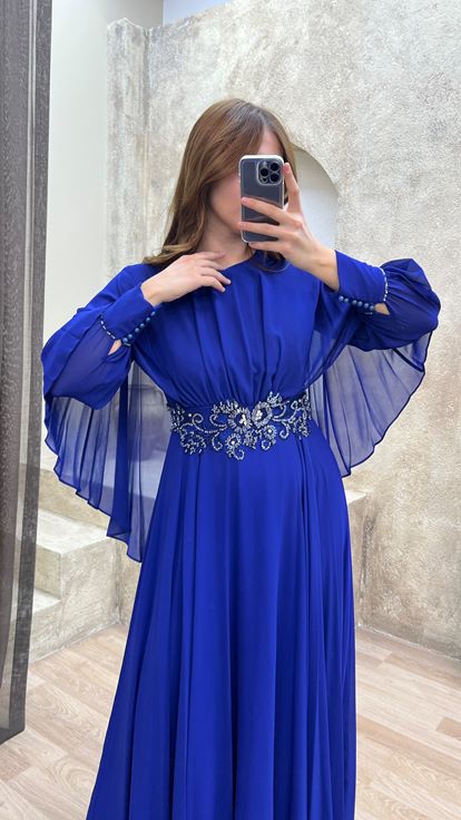 Saks Waist Embroidered Design Tulle Plus Size Evening Dress