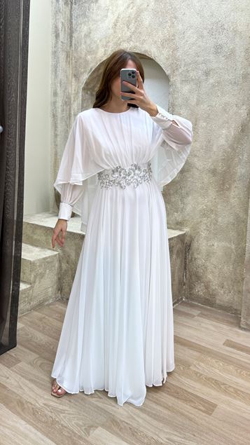 White Waist Embroidered Design Tulle Plus Size Evening Dress