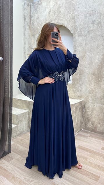 Navy Blue Waist Embroidered Design Tulle Plus Size Evening Dress