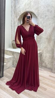 Bordo V Yaka Balon Kol İşlemeli Tasarım Büyük Beden Abiye Elbise