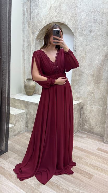 Bordo V Yaka Balon Kol İşlemeli Tasarım Büyük Beden Abiye Elbise