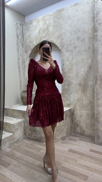 Burgundy Shoulder Padded Design Sequin Dress