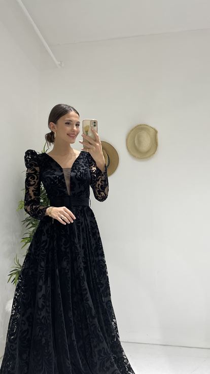 Siyah Flog Baskı Kemerli Abiye Elbise