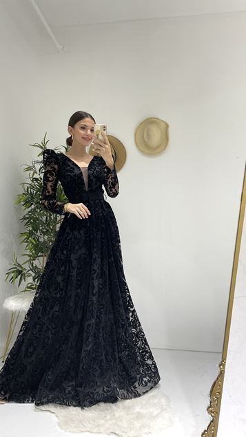 Black flog print arched evening dresses dress