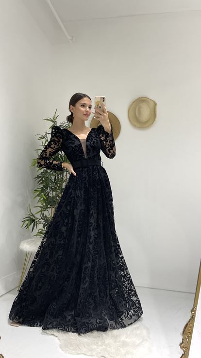 Siyah Flog Baskı Kemerli Abiye Elbise