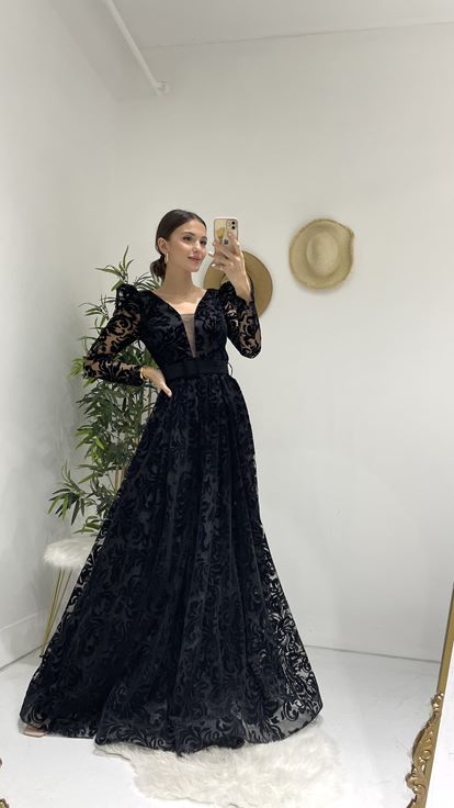 Siyah Flog Baskı Kemerli Abiye Elbise