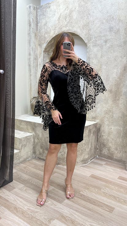 Black Flog Detailed Embroidered Design Plus Size Evening Dress