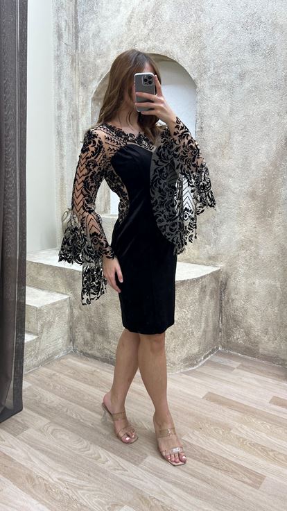 Black Flog Detailed Embroidered Design Plus Size Evening Dress