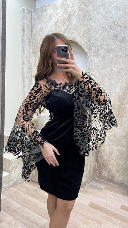 Black Flog Detailed Embroidered Design Plus Size Evening Dress
