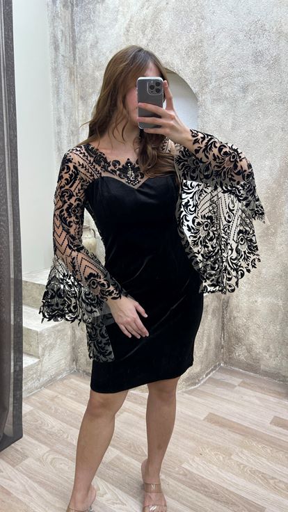 Black Flog Detailed Embroidered Design Plus Size Evening Dress