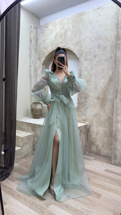Mint Green Balloon Sleeve Shoulders Embroidered Design Tulle Evening Dress