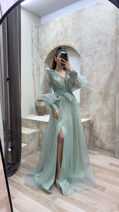 Mint Green Balloon Sleeve Shoulders Embroidered Design Tulle Evening Dress
