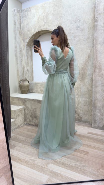 Mint Green Balloon Sleeve Shoulders Embroidered Design Tulle Evening Dress