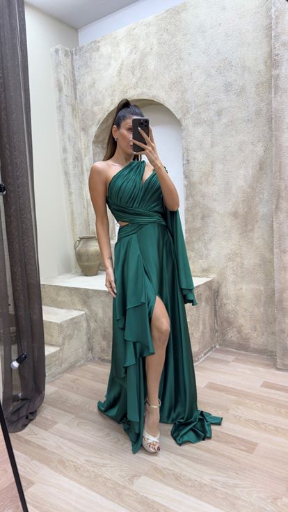 Emerald Green Balloon Sleeve Pleated Waist Detail Designed Satin Evening Dress