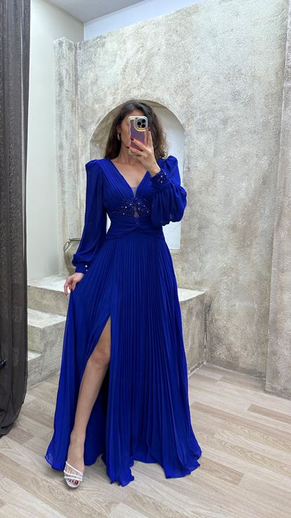 Indigo Balloon Balloon Sleeve Pleated Waist Detail Design Evening Dress