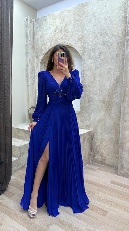 Indigo Balloon Balloon Sleeve Pleated Waist Detail Design Evening Dress