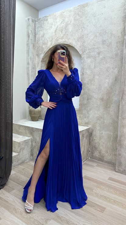 Indigo Balloon Balloon Sleeve Pleated Waist Detail Design Evening Dress