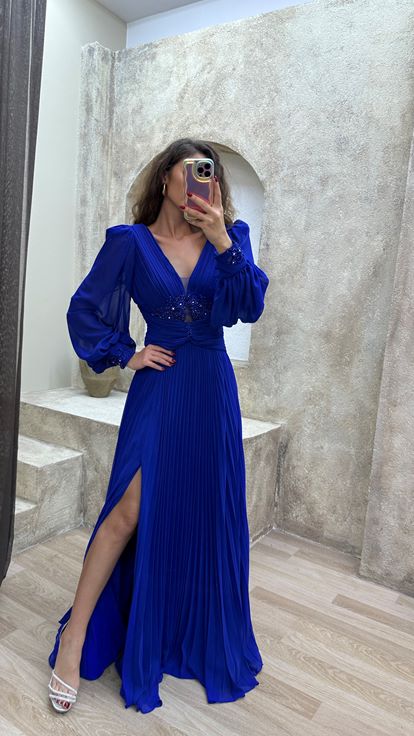 Indigo Balloon Balloon Sleeve Pleated Waist Detail Design Evening Dress