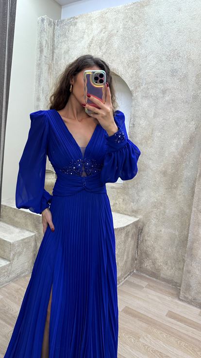 Indigo Balloon Balloon Sleeve Pleated Waist Detail Design Evening Dress