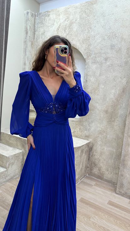 Indigo Balloon Balloon Sleeve Pleated Waist Detail Design Evening Dress