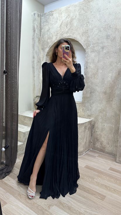 Black Balloon Balloon Sleeve Pleated Waist Detail Design Evening Dress
