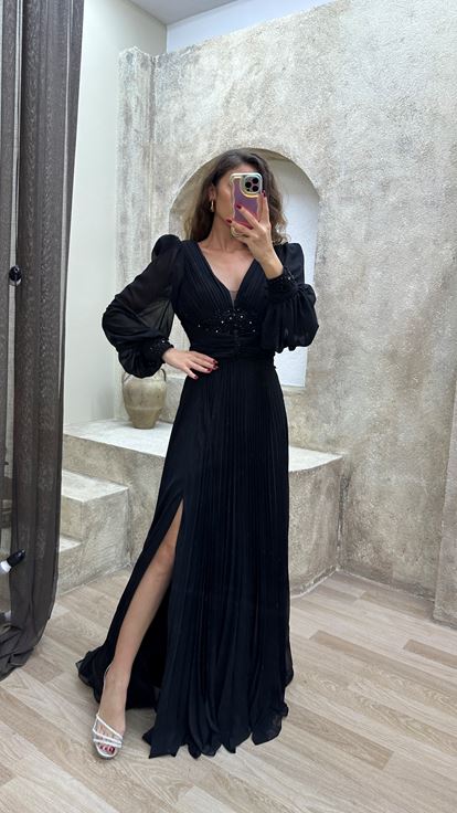 Black Balloon Balloon Sleeve Pleated Waist Detail Design Evening Dress