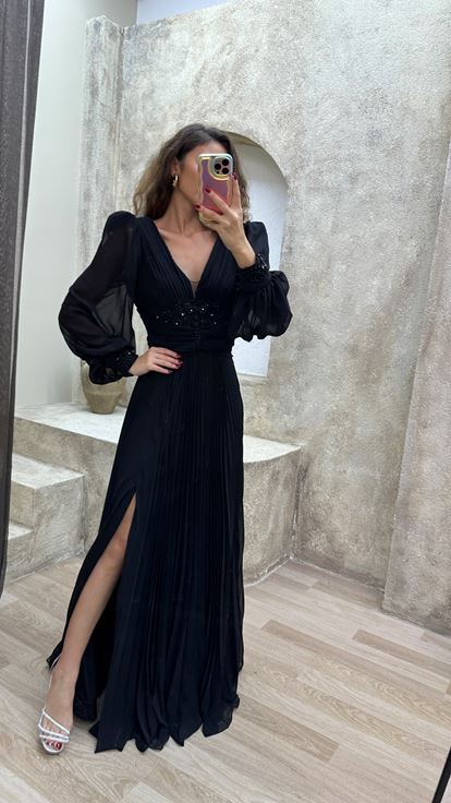 Black Balloon Balloon Sleeve Pleated Waist Detail Design Evening Dress