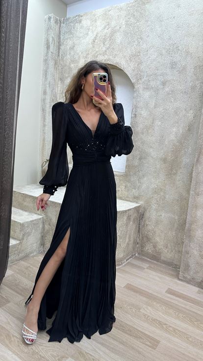 Black Balloon Balloon Sleeve Pleated Waist Detail Design Evening Dress