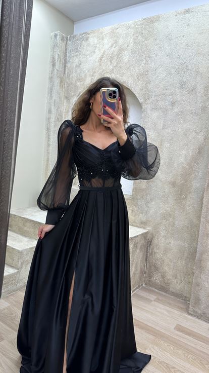 Black Balloon Sleeve Transparent Embroidered Satin Evening Dress