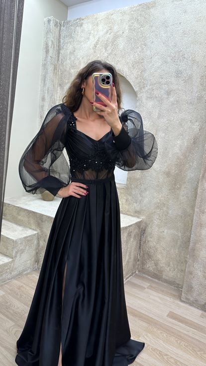 Black Balloon Sleeve Transparent Embroidered Satin Evening Dress