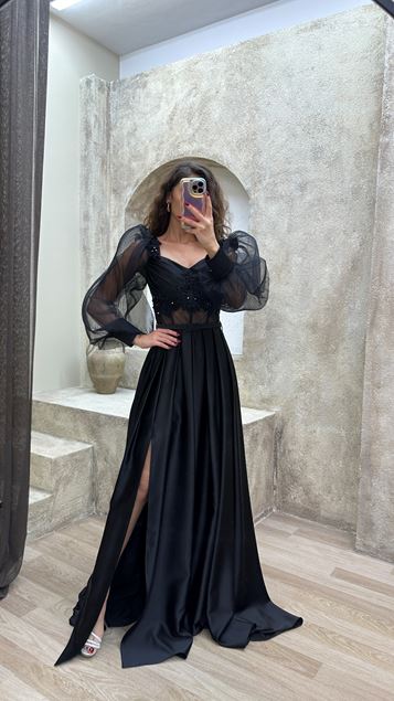 Black Balloon Sleeve Transparent Embroidered Satin Evening Dress