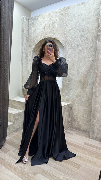 Black Balloon Sleeve Transparent Embroidered Satin Evening Dress