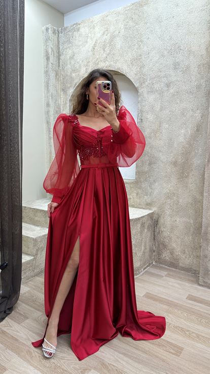 Red Balloon Sleeve Transparent Embroidered Satin Evening Dress